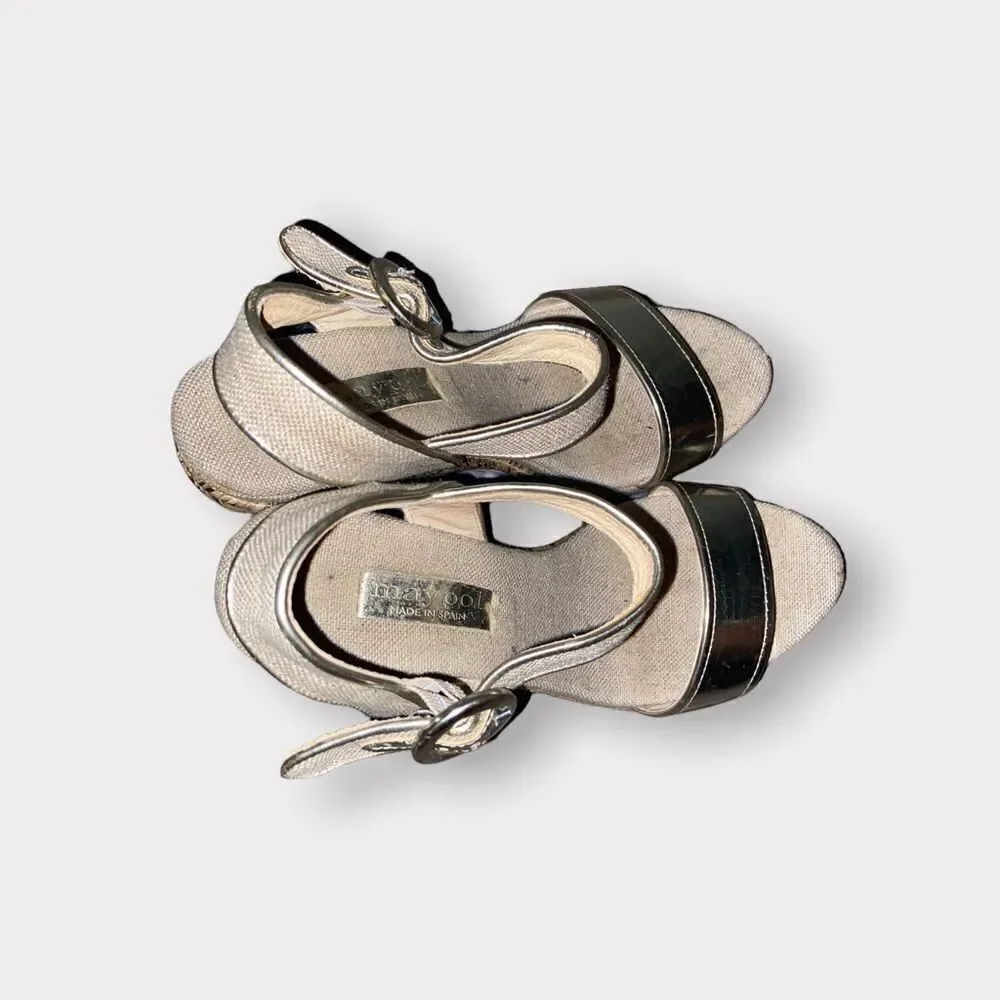 Maypol Gold Leather and Linen Espadrille Wedge Sandals Size 8.5